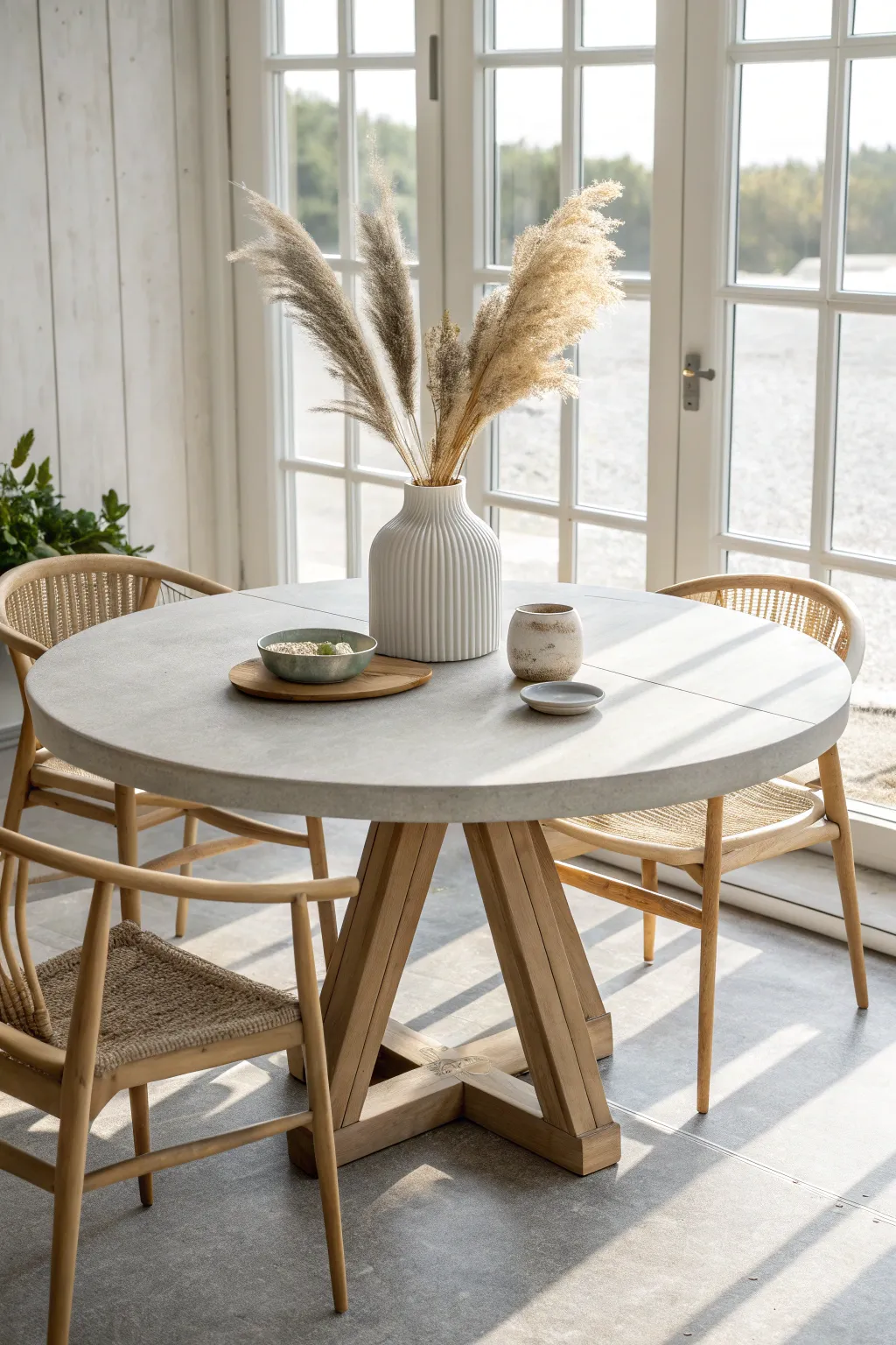 Transform your dining space with a sleek concrete overlay for a modern, industrial touch. #DIYHome #ScandiBoho