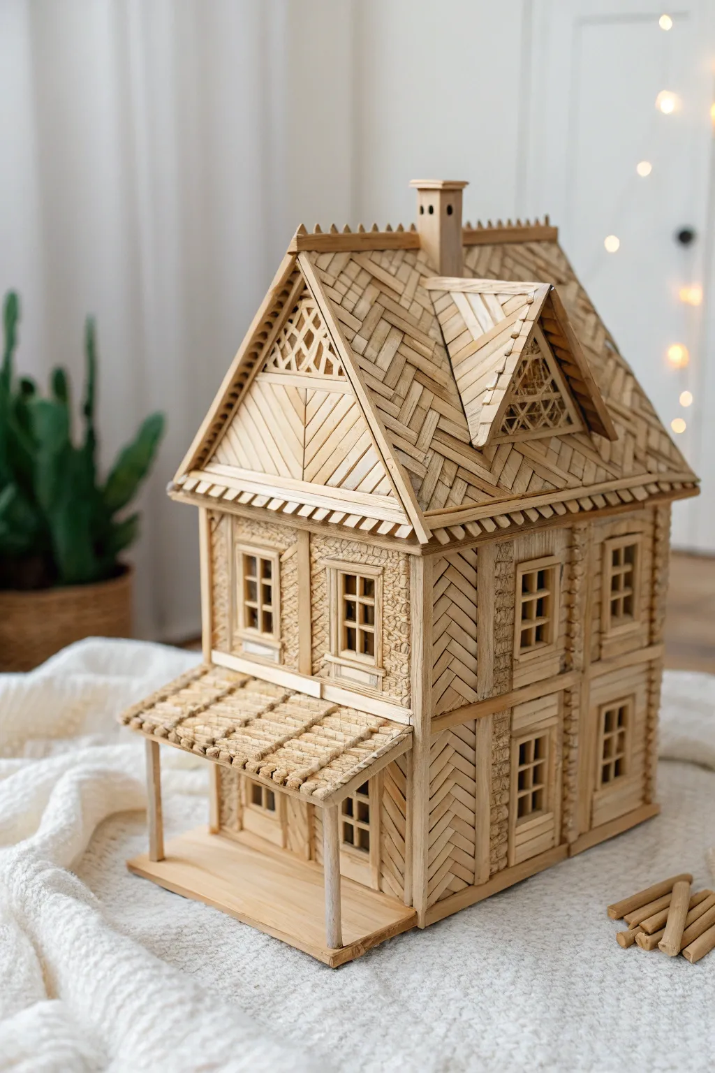 Discover the art of matchstick mastery with this stunning dollhouse roof design!