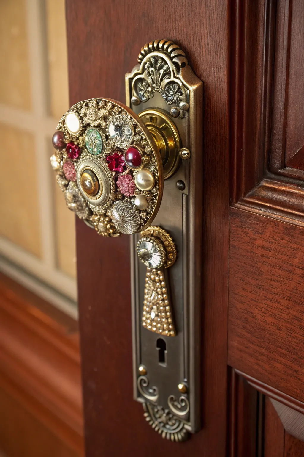 Transform your doors with a touch of vintage elegance using repurposed jewelry handles.