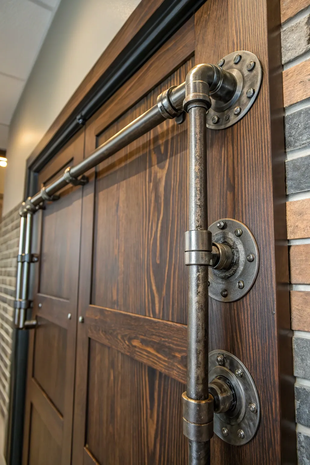 Add a modern edge to your space with industrial pipe fittings as door trim. Embrace craftsmanship with a bold, striking look.