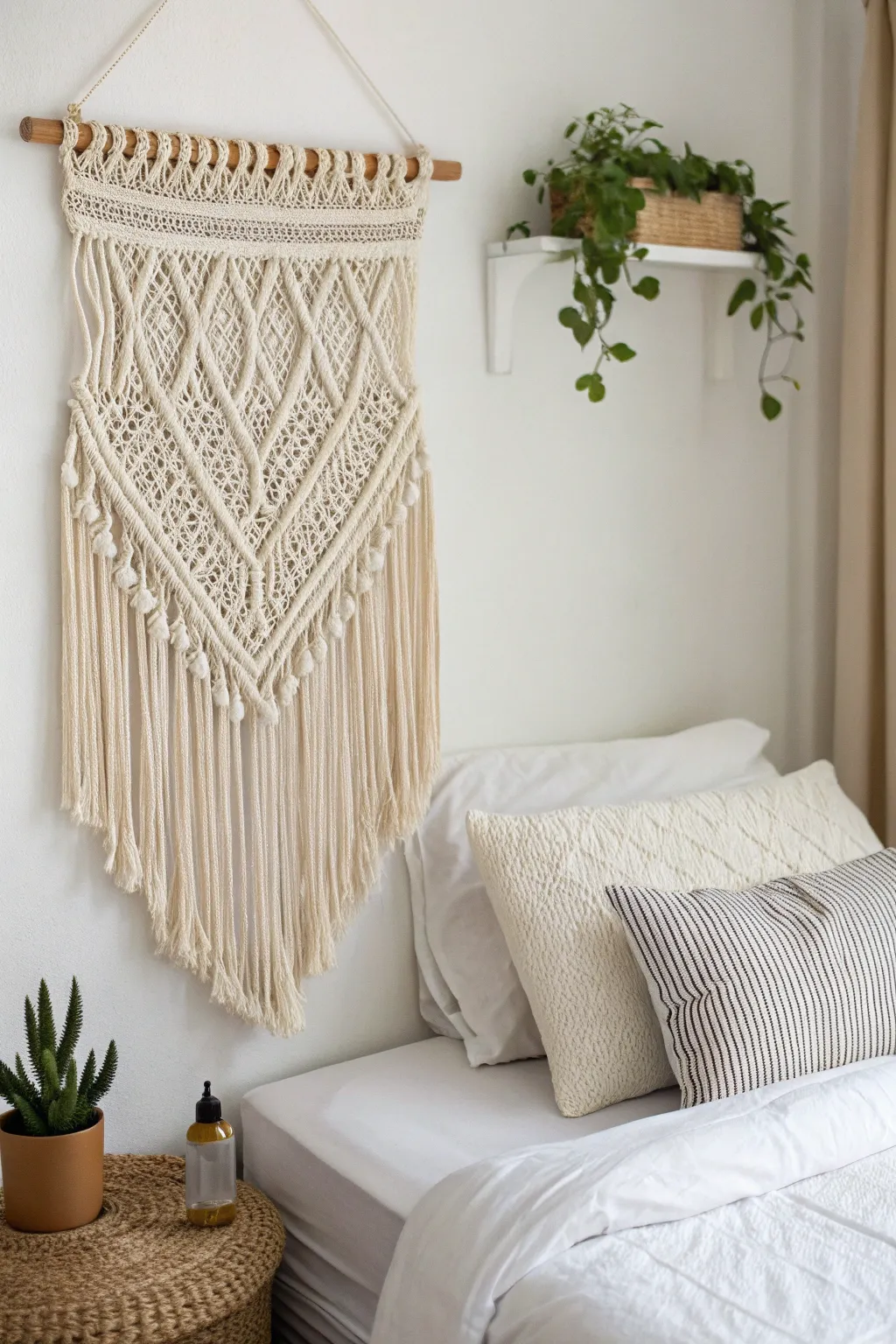 Transform your dorm room into a bohemian retreat with a handmade macrame headboard. #DIYDecor #BohoChic
