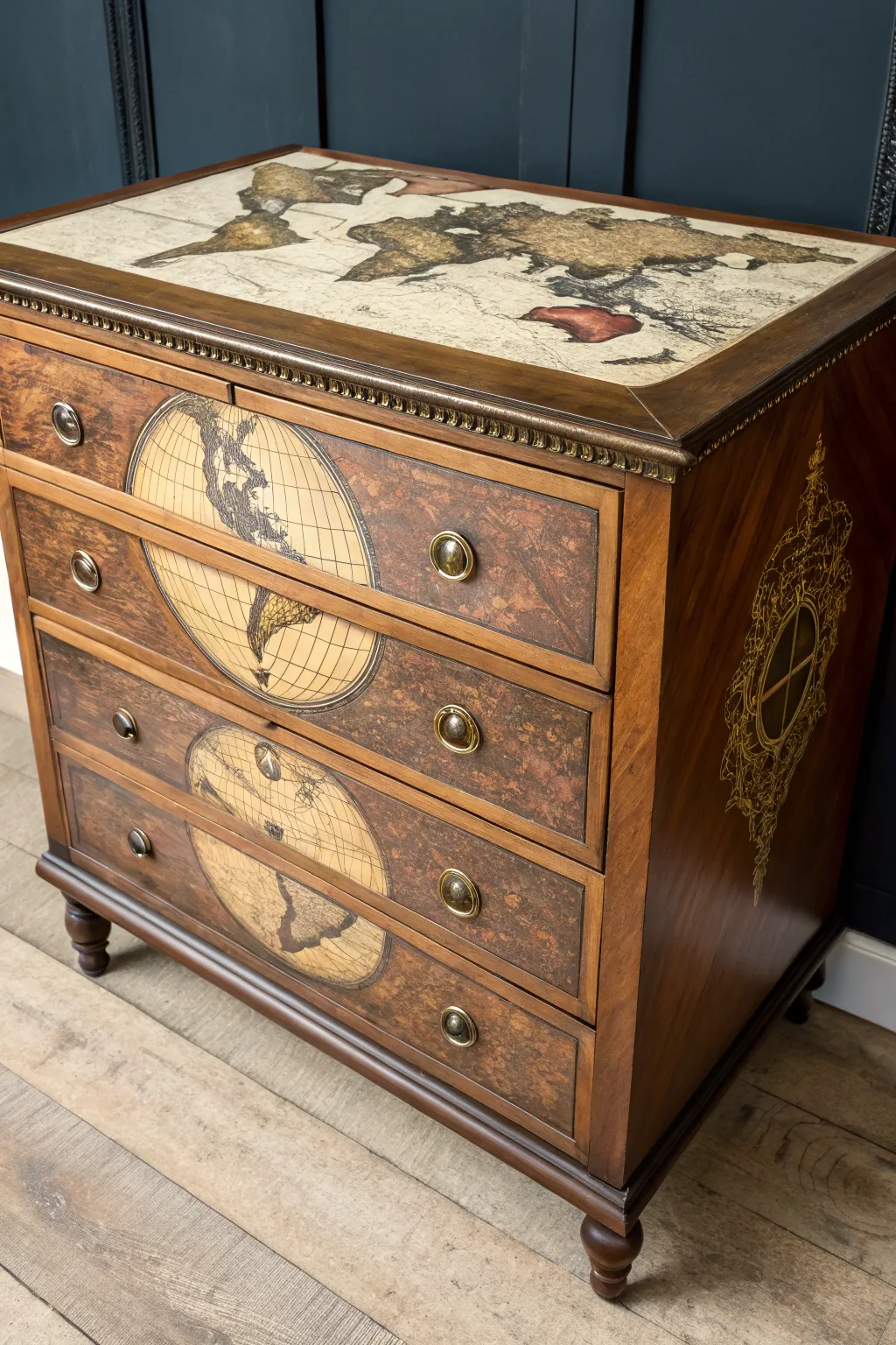 Transform your dresser into a masterpiece with a vintage map transfer—where craftsmanship meets artistry.