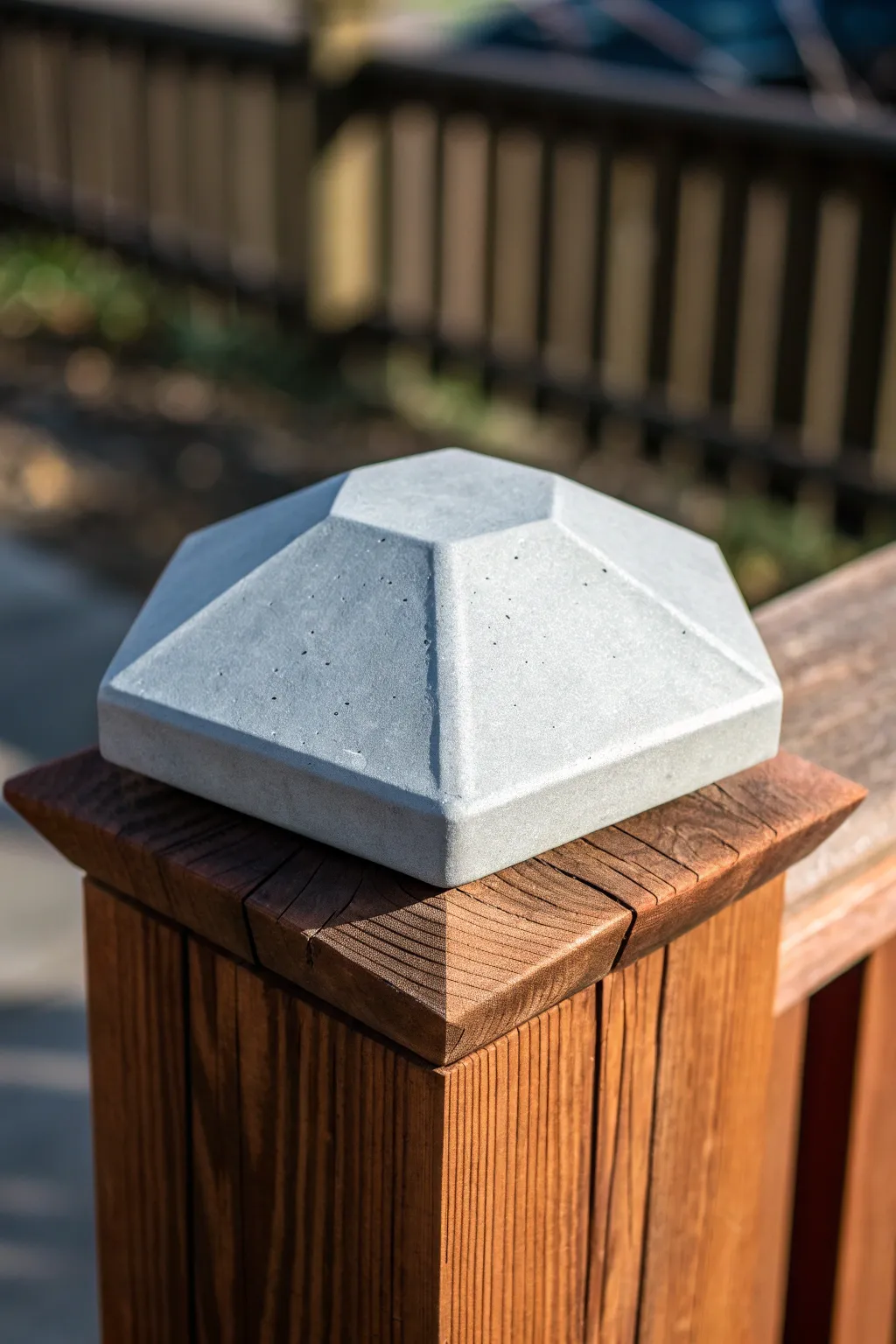 Elevate your fence game with modern geometric concrete post caps - where craftsmanship meets contemporary design.