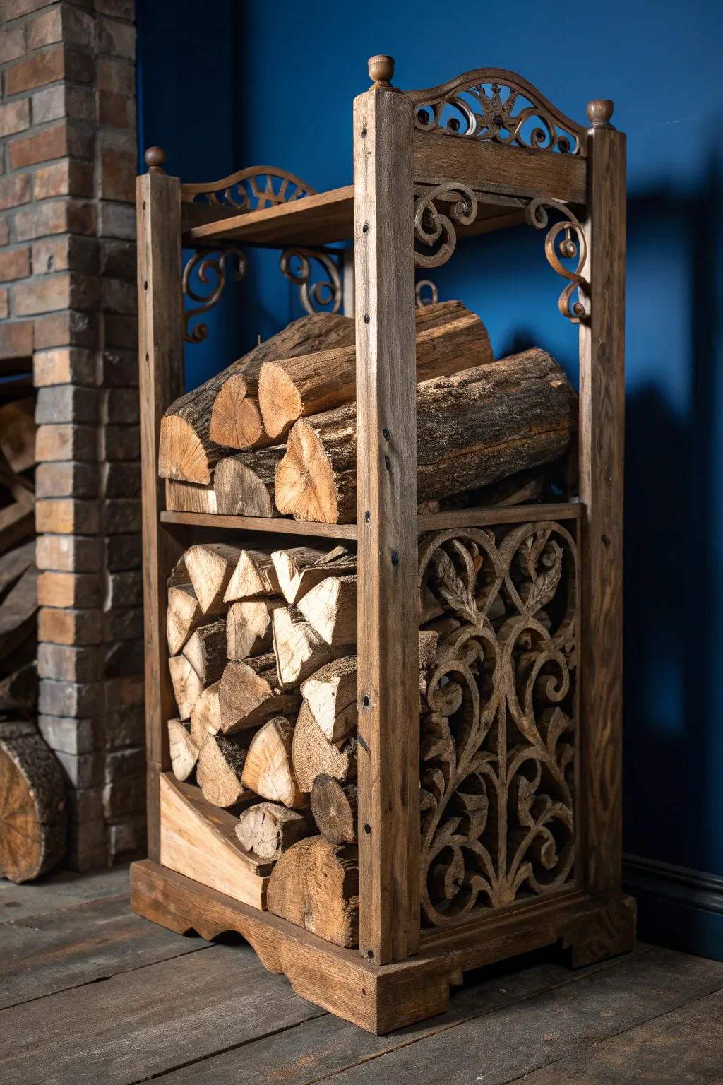 Transform your space with a touch of rustic charm: a handcrafted firewood rack using reclaimed wood.