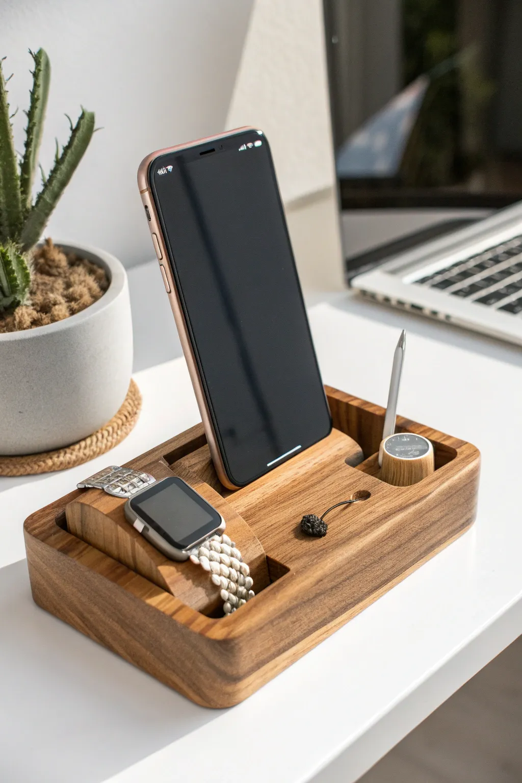 Elevate his daily routine with a handcrafted wooden docking station—where style meets function.