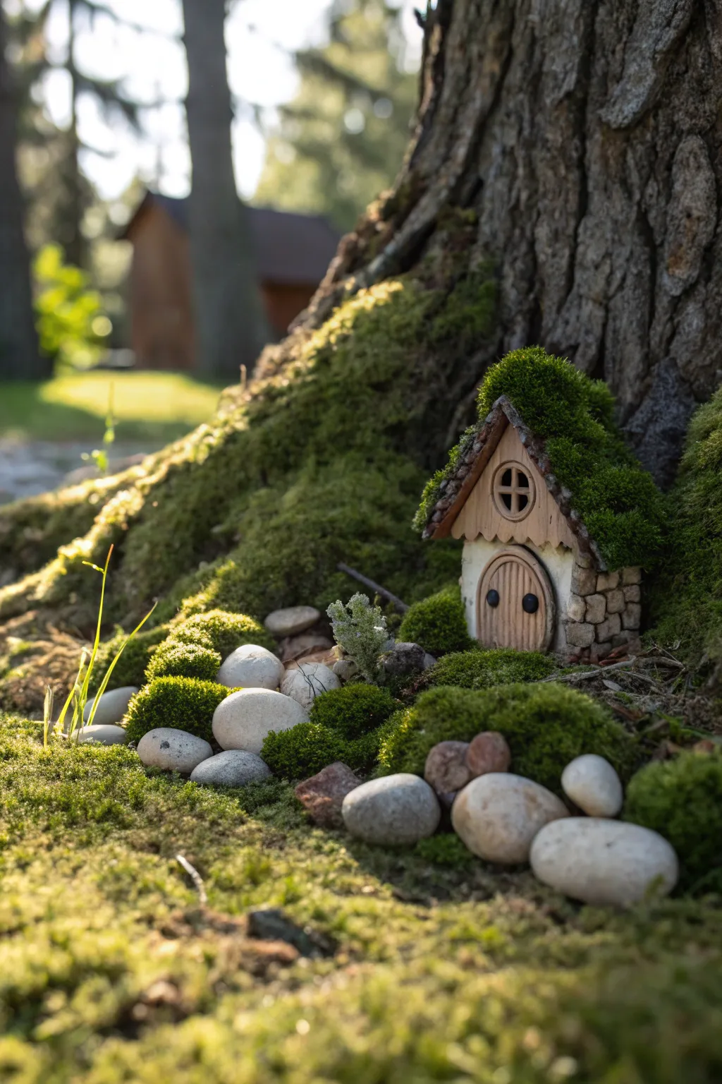 Embrace nature's charm with a serene gnome village at your tree's base, where simplicity meets whimsy.