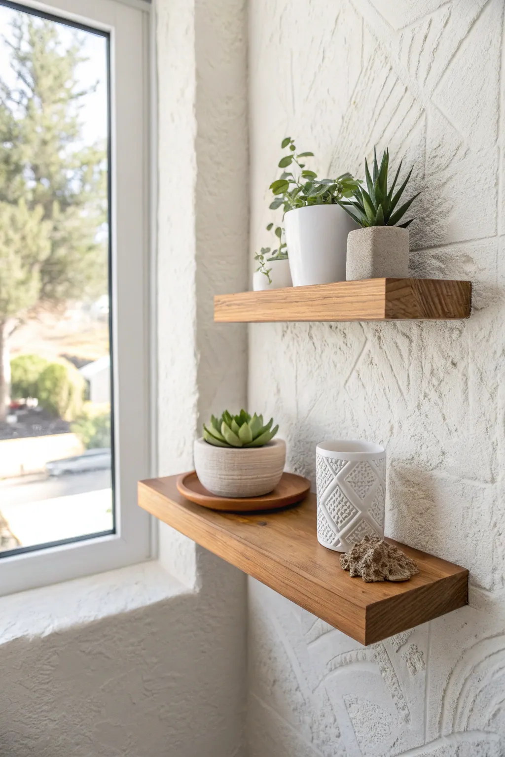 Elevate your hallway with the elegance of floating shelves, where simplicity meets style.