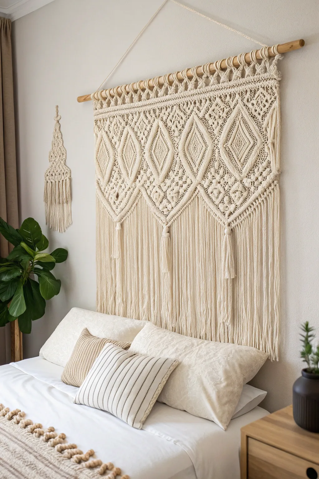Transform your bedroom into a serene oasis with a mesmerizing macramé headboard. Embrace the art of simplicity and natural beauty.