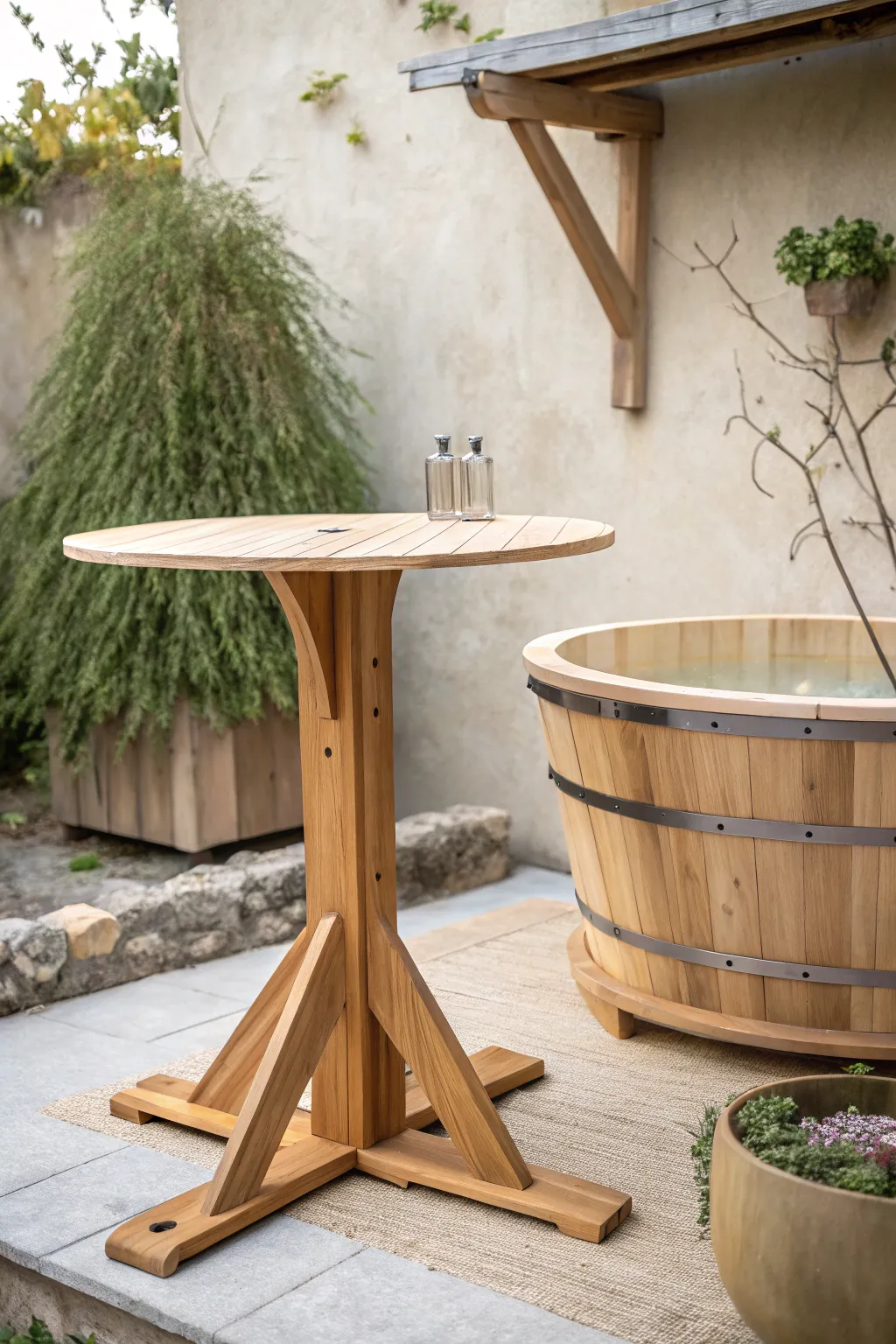 Elevate your hot tub experience with a versatile adjustable height table, blending minimalist design with natural elegance.