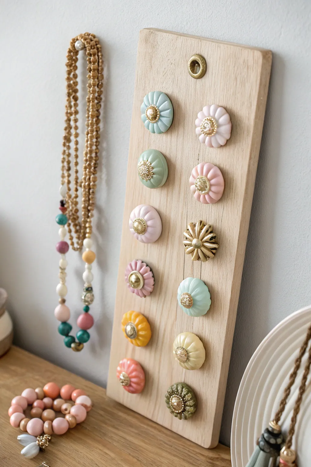 Transform ordinary drawer knobs into a chic jewelry organizer that adds a pop of color and style to any space.
