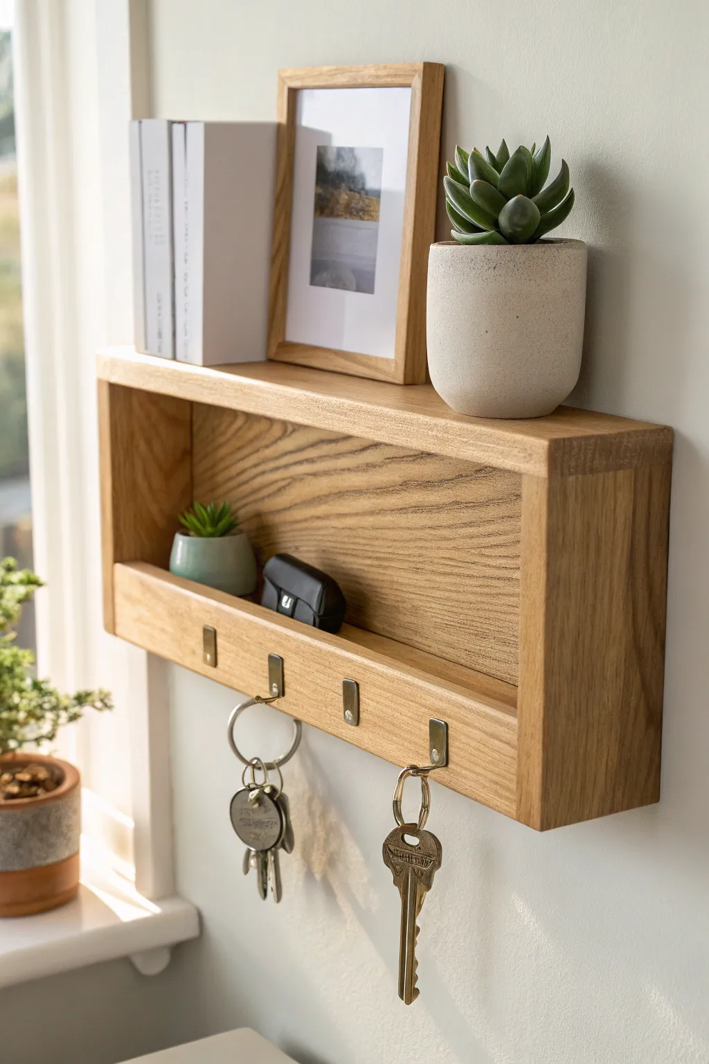 Elevate your entryway with a chic floating shelf key holder, combining functionality with minimalist elegance.