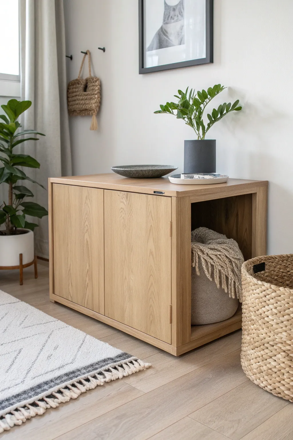 Transform your space with a chic built-in litter box that blends style and function effortlessly.