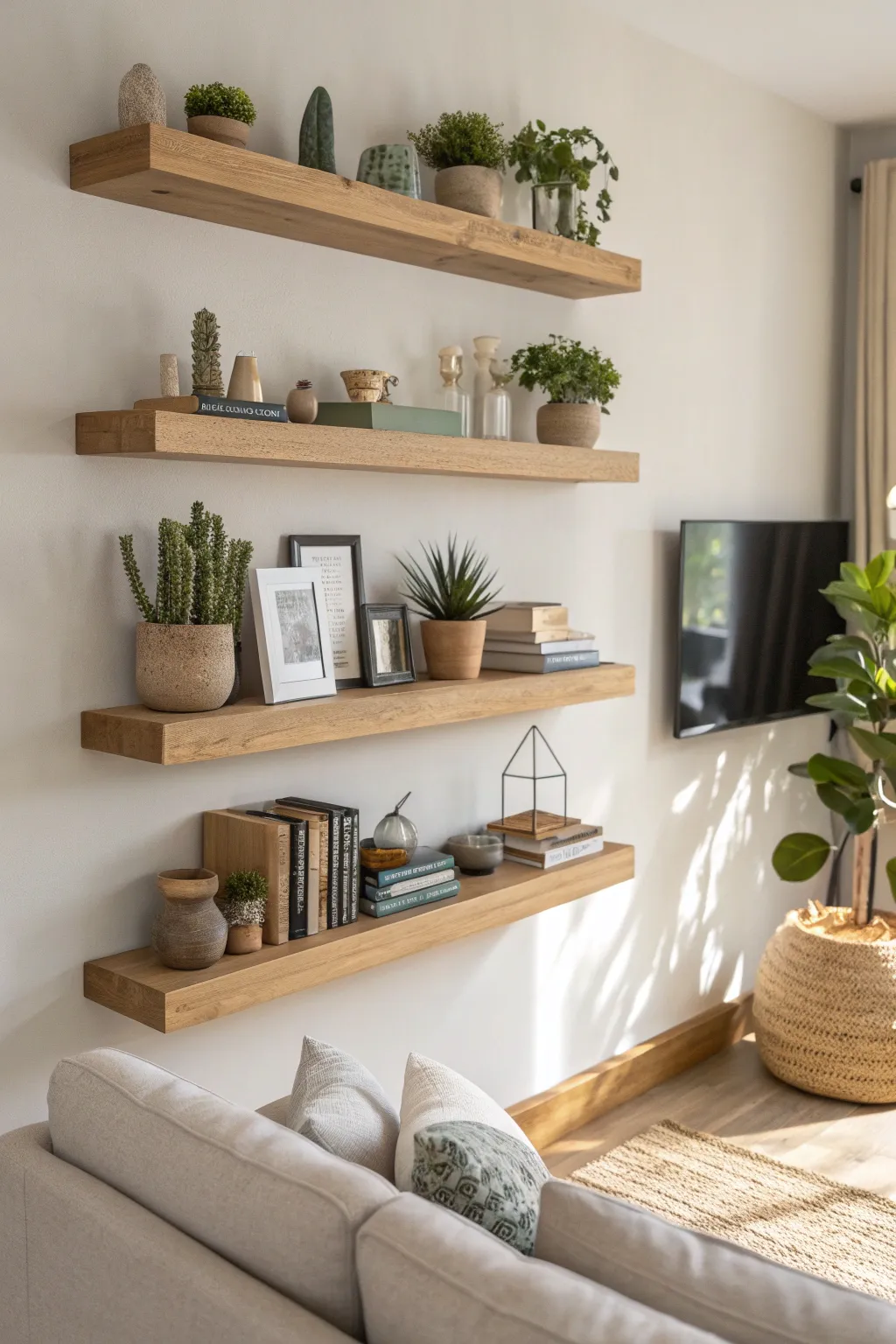 Elevate your living space with stylish floating shelves—perfect for showcasing art, plants, and books with a Scandinavian flair.