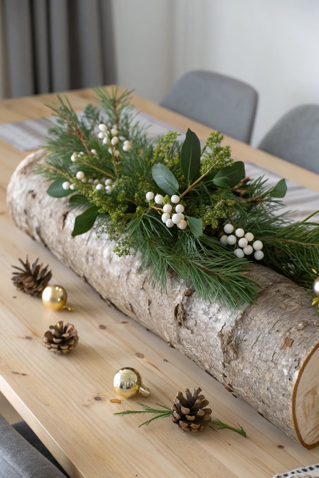 Elevate your holiday table with a touch of nature: a log centerpiece that embodies Scandinavian simplicity and Boho charm.