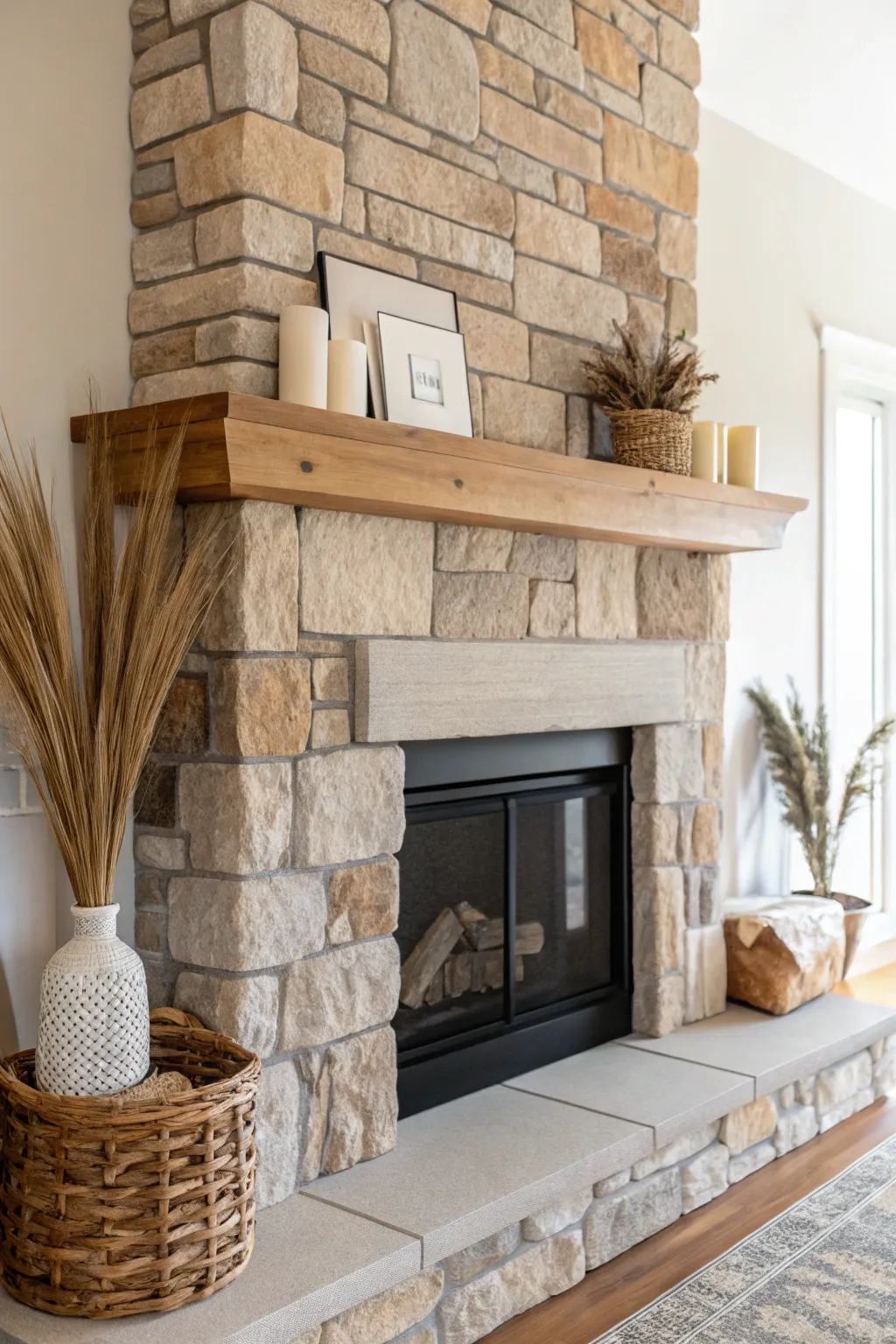 Transform your mantel with the rustic elegance of stone veneer for a touch of natural sophistication.