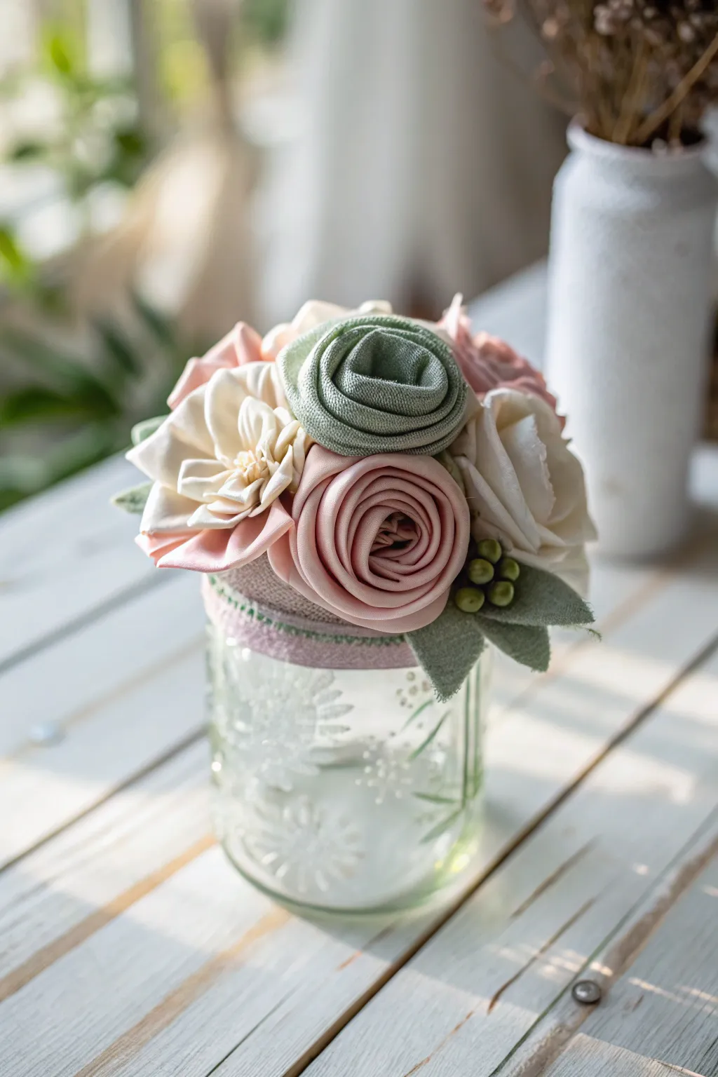 Add a touch of handcrafted elegance to your baby shower with these charming fabric flower-capped mason jars.