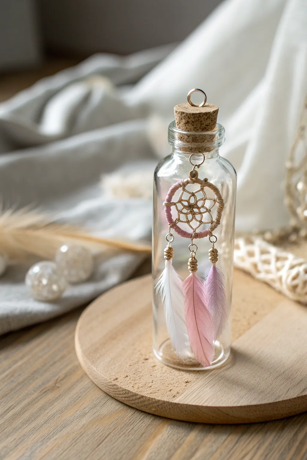 Capture tranquility and style with this enchanting dream catcher charm in a bottle.