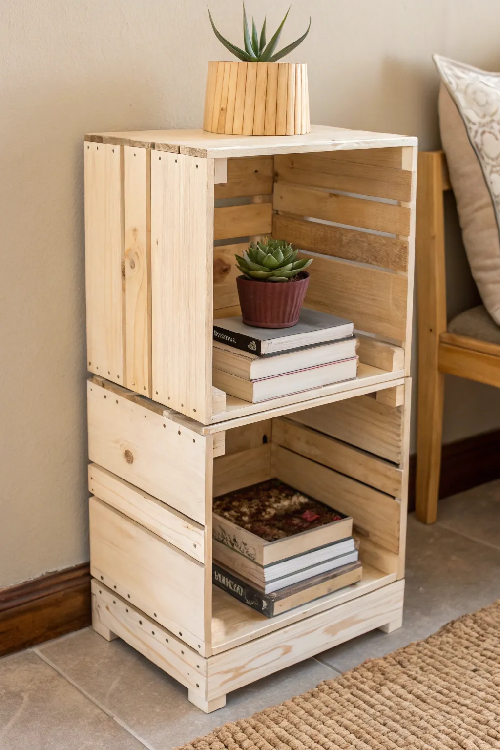 Transform wine crates into a stunning minimalist nightstand, perfect for adding rustic charm to your bedroom.
