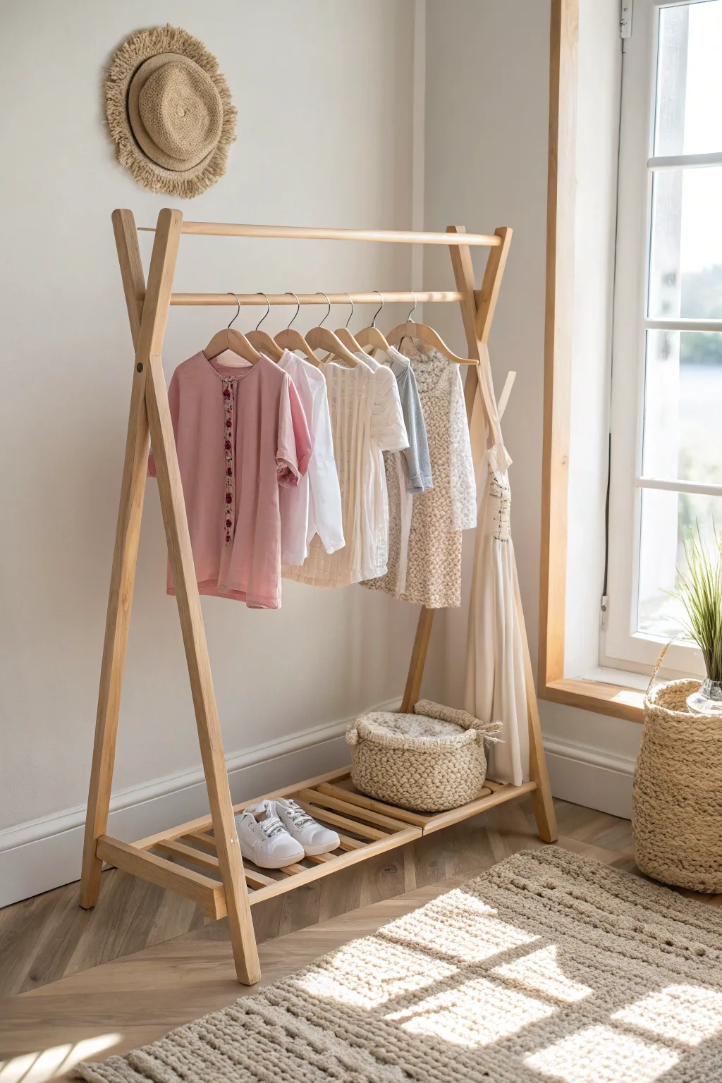 Chic and Simple: Display your baby's outfits with this DIY wardrobe rack, perfect for a touch of Scandinavian style in your nursery.