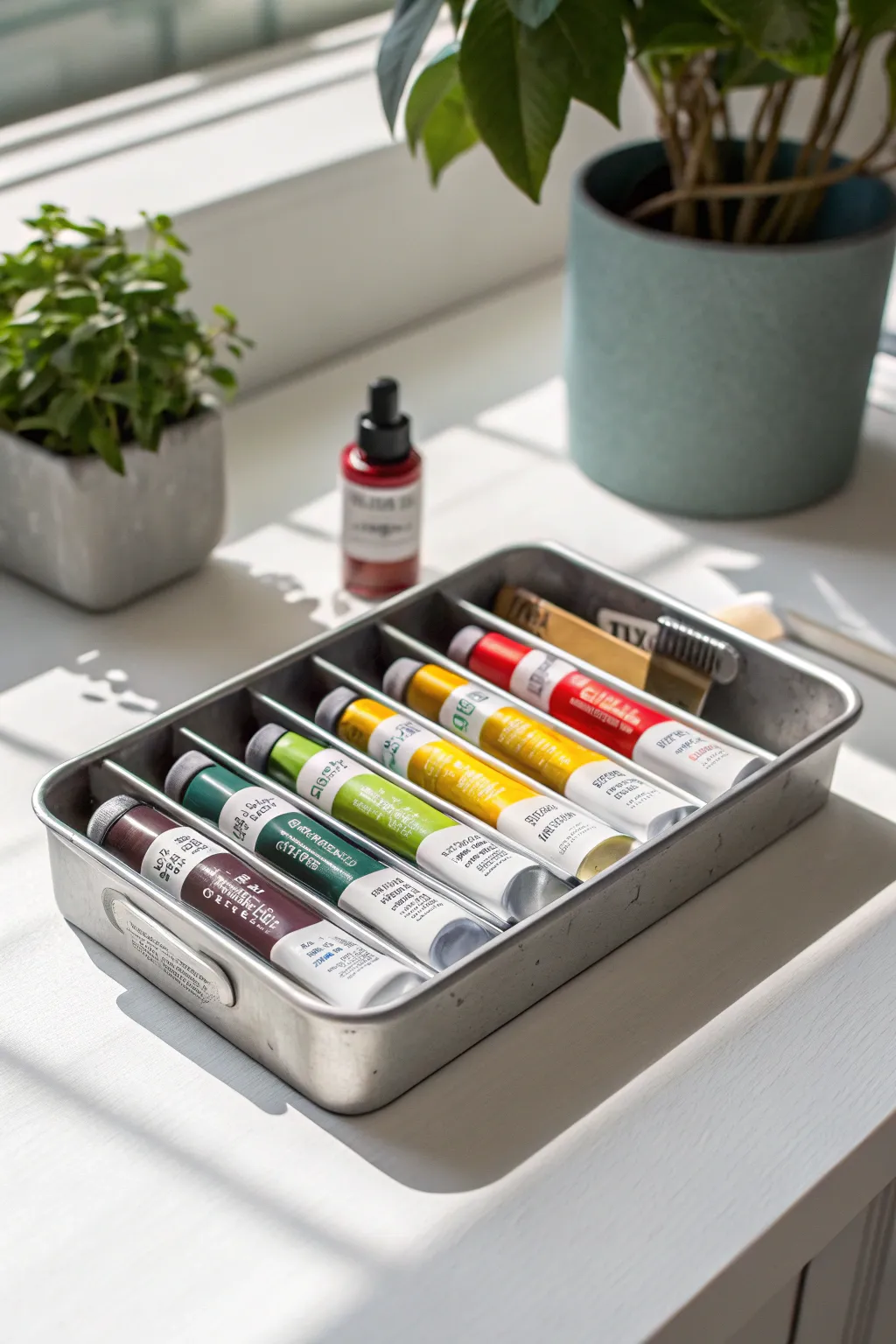 Transform your kitchen drawer trays into a vibrant paint storage solution—where functionality meets minimalist charm!