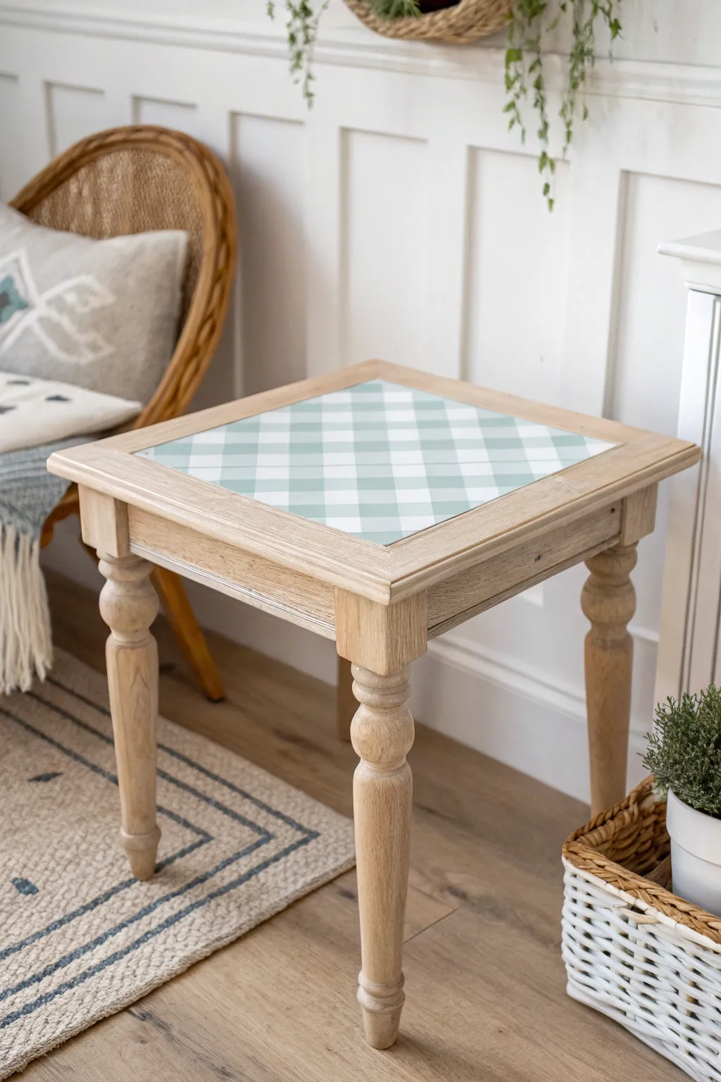 Add a touch of timeless charm to your space with a DIY gingham-patterned end table.
