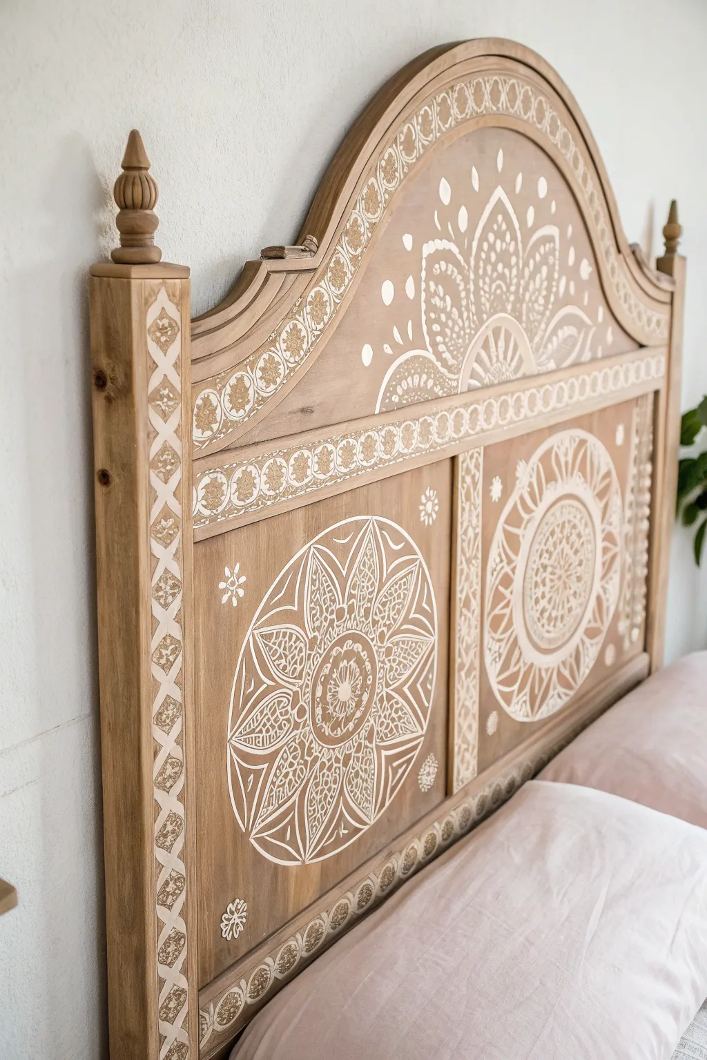 Elevate your bedroom with intricate stencil patterns on a minimalist headboard, where craftsmanship meets natural beauty.