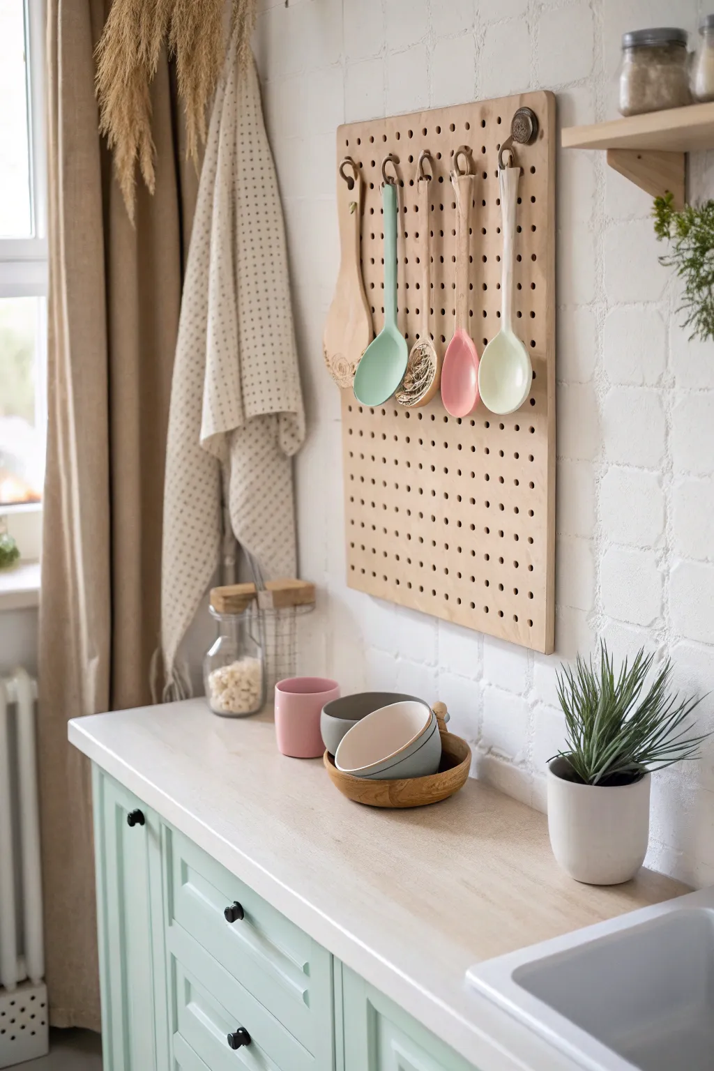 Transform your pantry with a chic pegboard for effortless organization and style. 🌿✨ #DIYOrganization #ScandiBoho