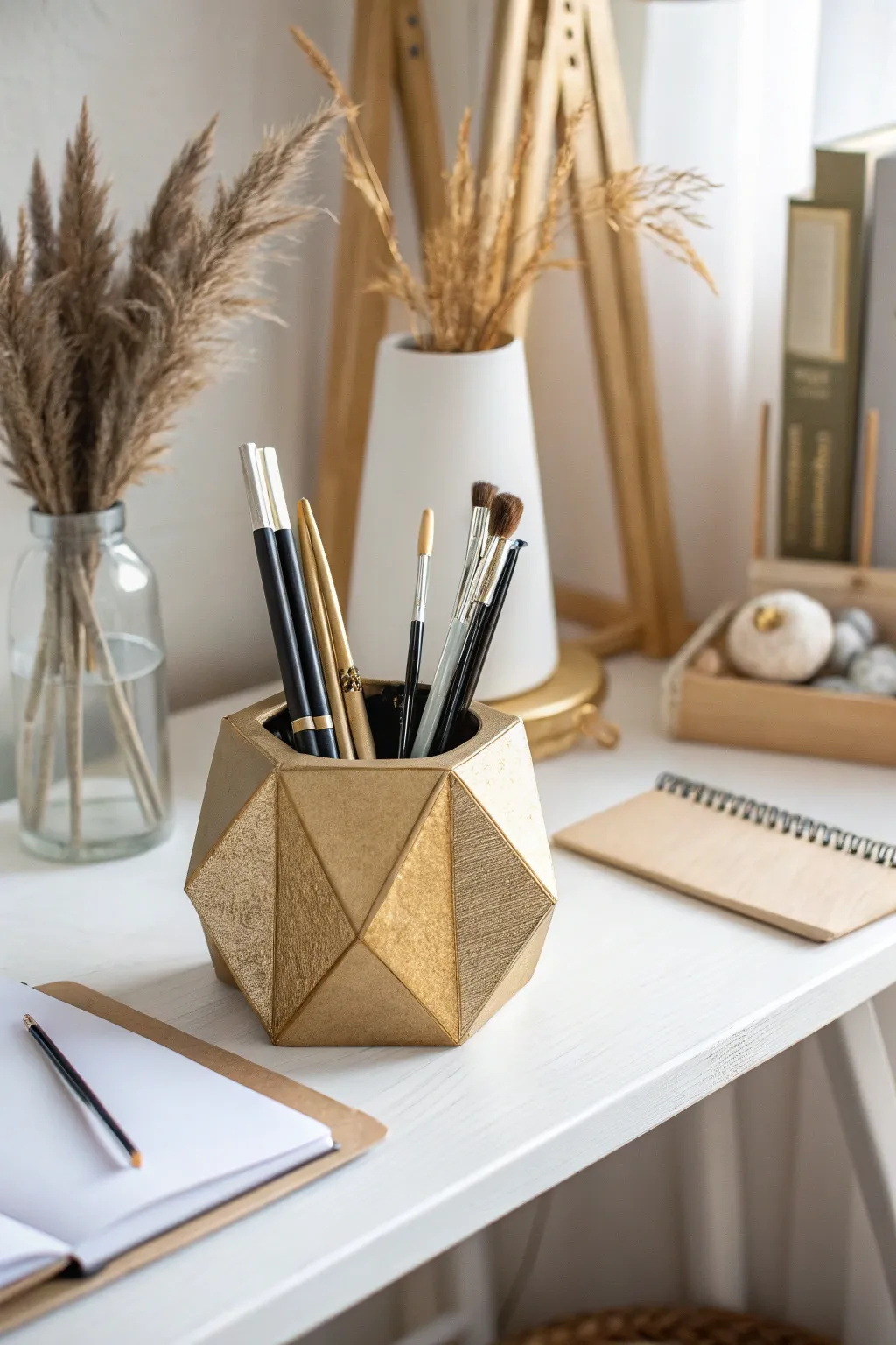 Add a touch of glam to your workspace with this chic faux brass geometric pencil holder, perfect for a Scandinavian minimalist look.