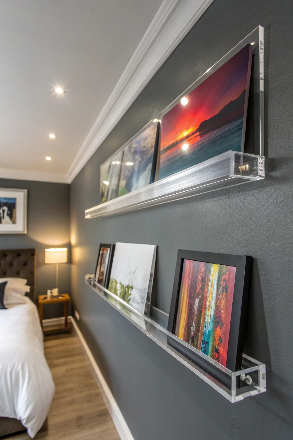 Elevate your space with a modern acrylic ledge, where art seems to float effortlessly.