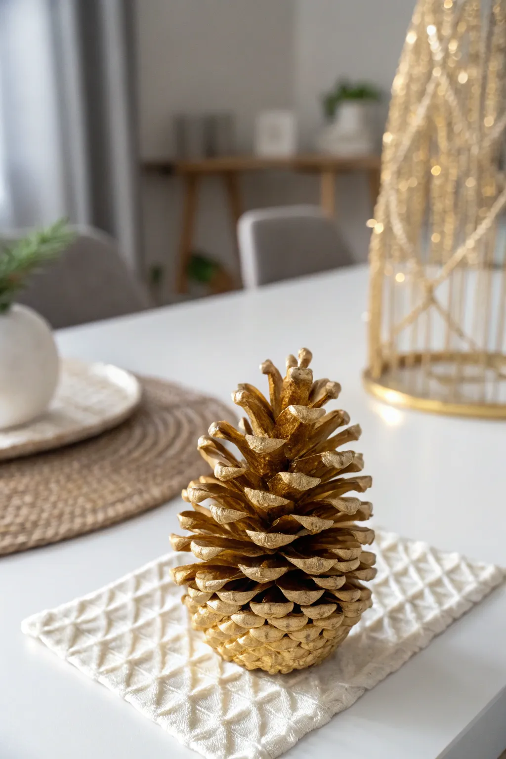 Elevate your table decor with this chic gilded pine cone centerpiece.