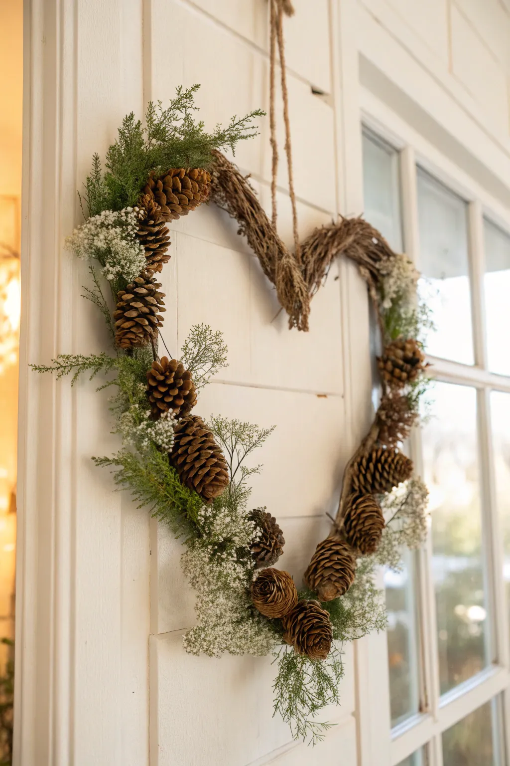 Bring a touch of love to your home with this charming pinecone heart wreath. Perfect for adding warmth and elegance to any space.