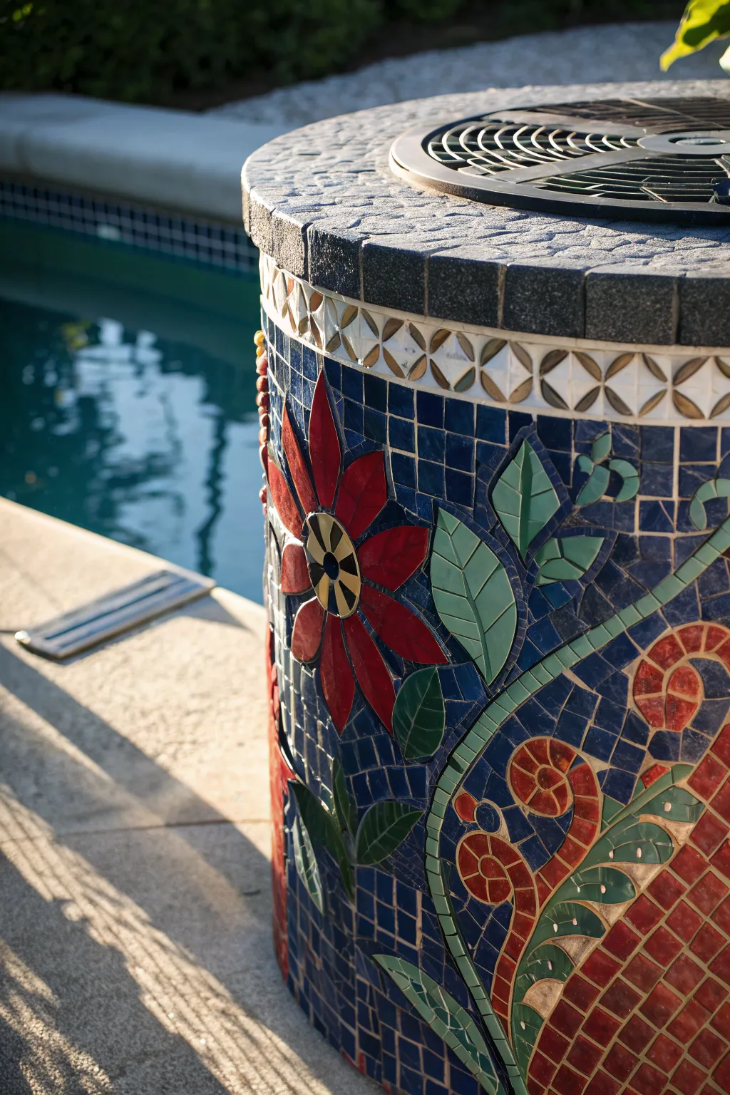 Transform your pool area with a bold and artistic mosaic pump cover that showcases your craftsmanship.