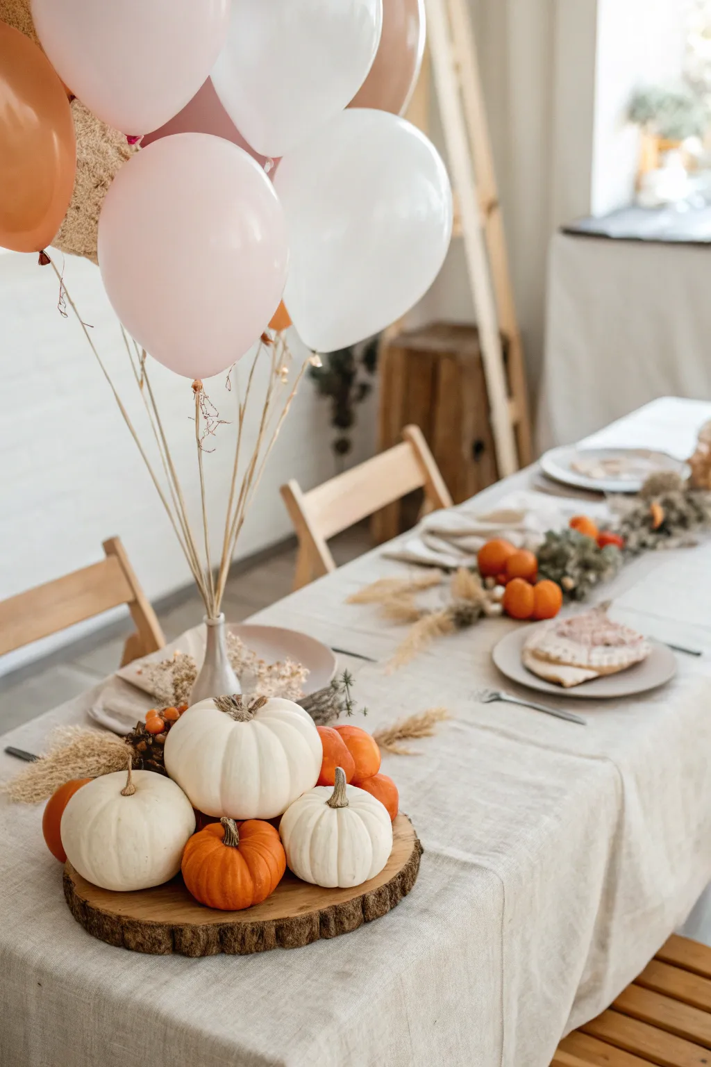 Elevate your autumn celebrations with this enchanting balloon pumpkin centerpiece, blending minimalist elegance with playful boho vibes.