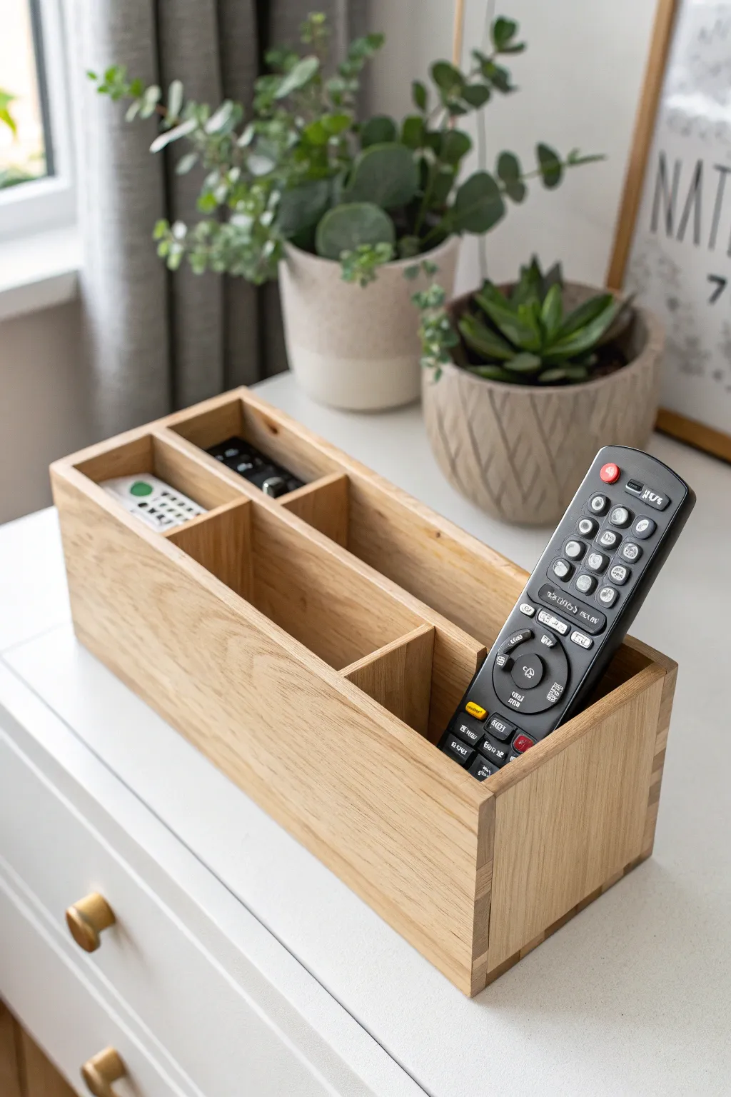 Elevate your organization game with a minimalist remote holder made from repurposed drawer dividers. 🌿✨ #ScandiBoho #DIYHome