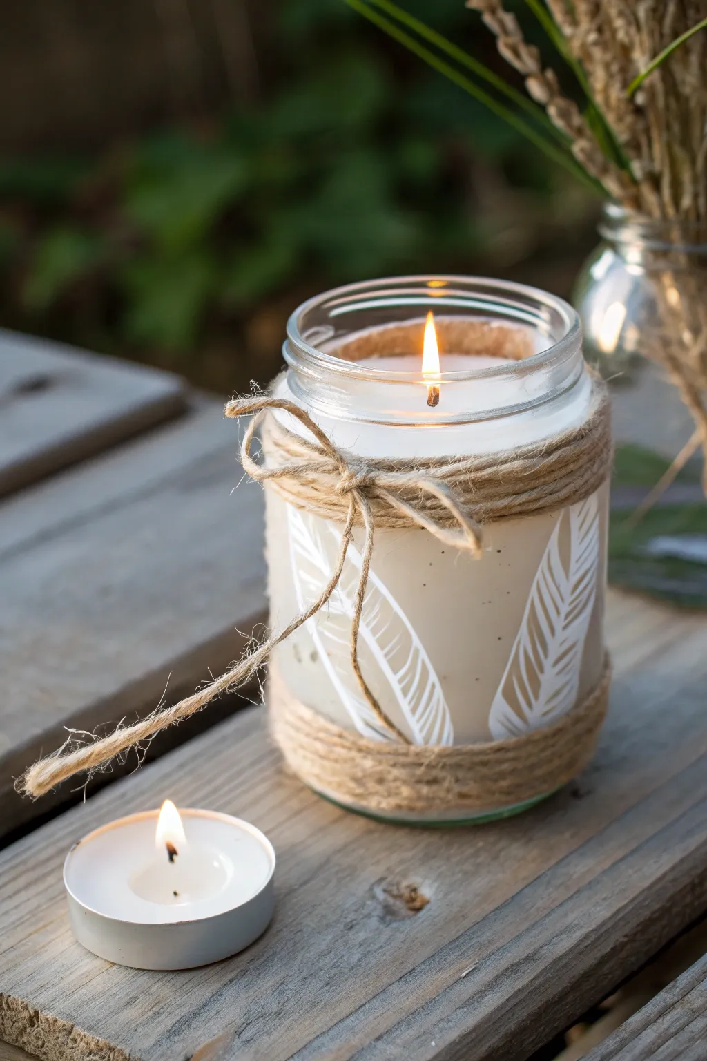 Transform everyday glass jars into serene candle holders with a touch of rustic elegance.
