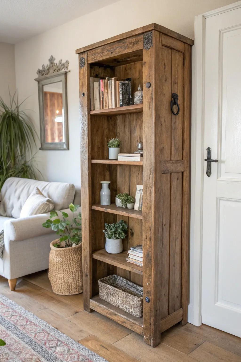 Transform vintage charm into functional beauty with a repurposed door bookshelf. #RusticElegance #DIYDecor