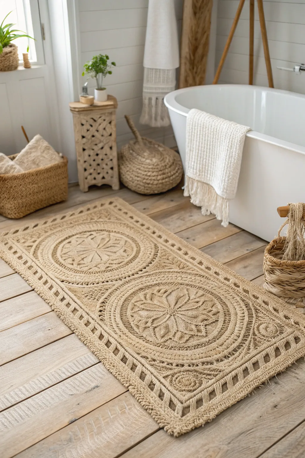 Embrace warmth and texture with a natural fiber rug, perfect for your rustic farmhouse bathroom.