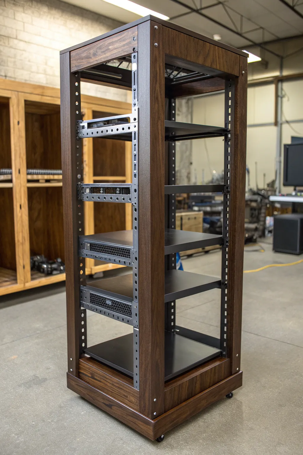 Elevate your workspace with this stunning wood and metal open-frame server rack – where robust functionality meets handcrafted elegance.