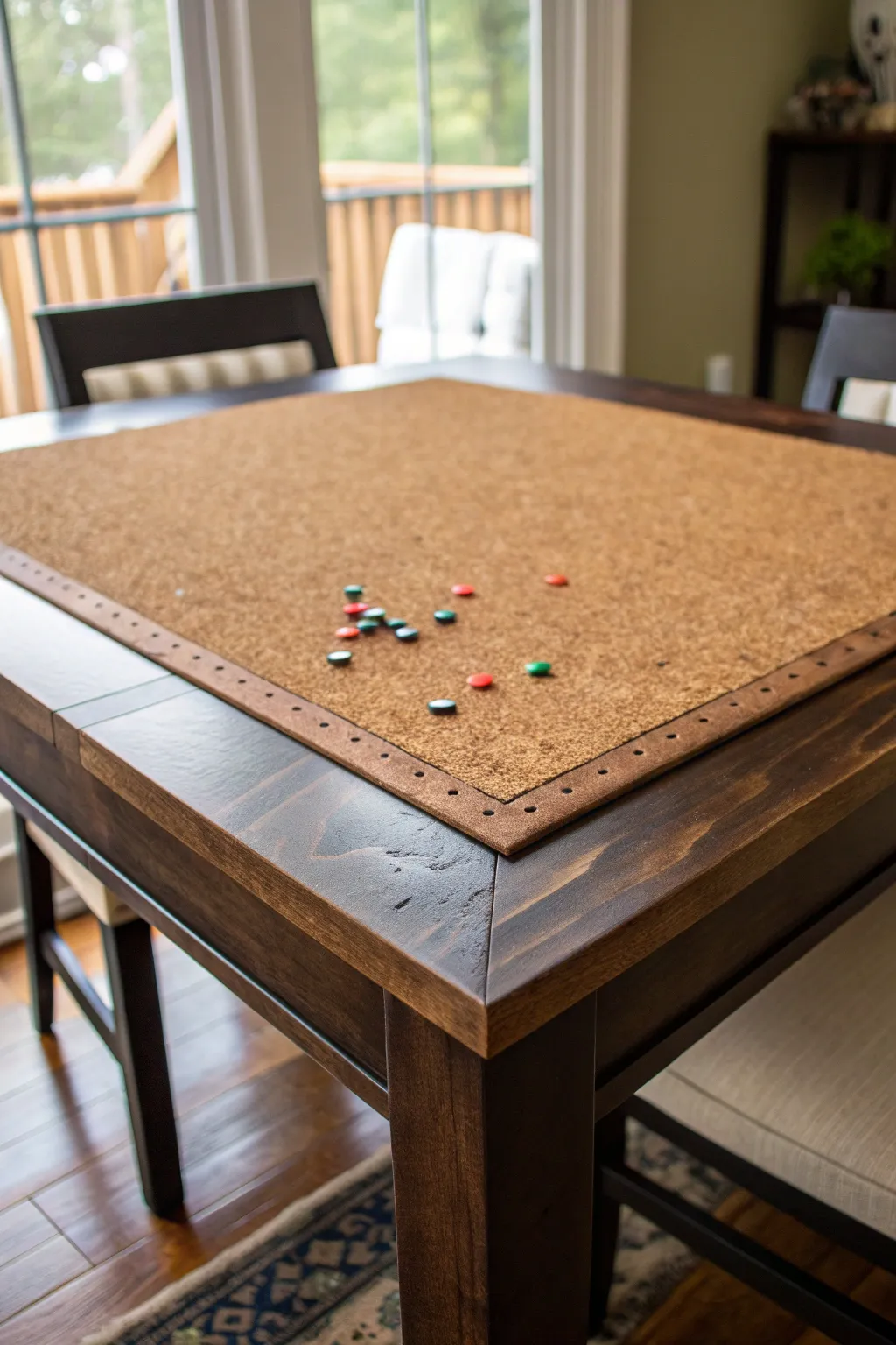 Transform your table with a unique cork board surface, blending practicality with artisanal flair.