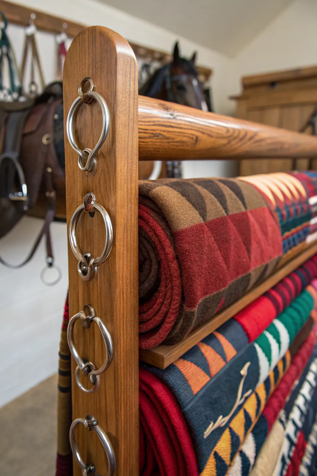 Elevate your tack room with this striking DIY blanket rack - the perfect blend of functionality and craftsmanship.
