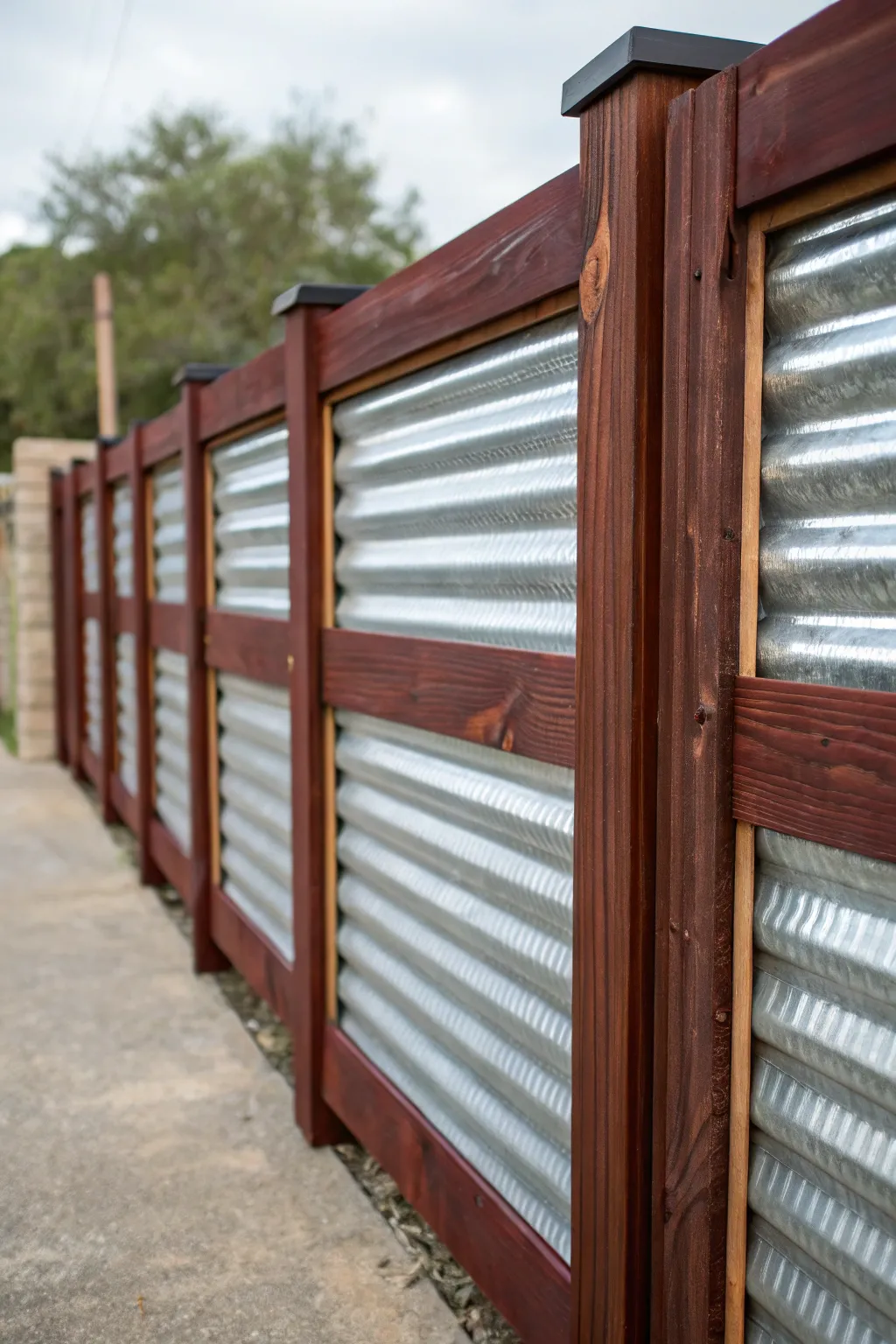 Elevate your space with the bold elegance of a corrugated metal and wood fence—a perfect blend of industrial style and craftsmanship.