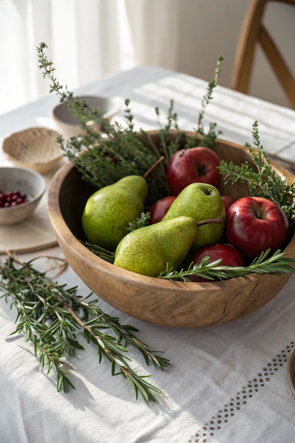 Elevate your Thanksgiving table with a simple yet stunning fruit and herb centerpiece that embodies natural elegance.