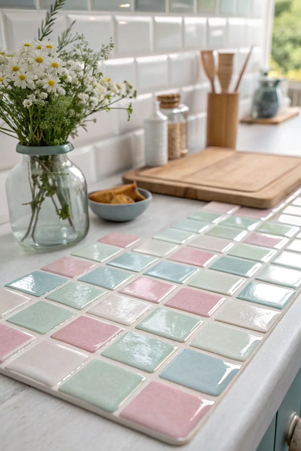 Transform your kitchen with the elegance of glass tiles – a perfect blend of minimalist design and boho charm.