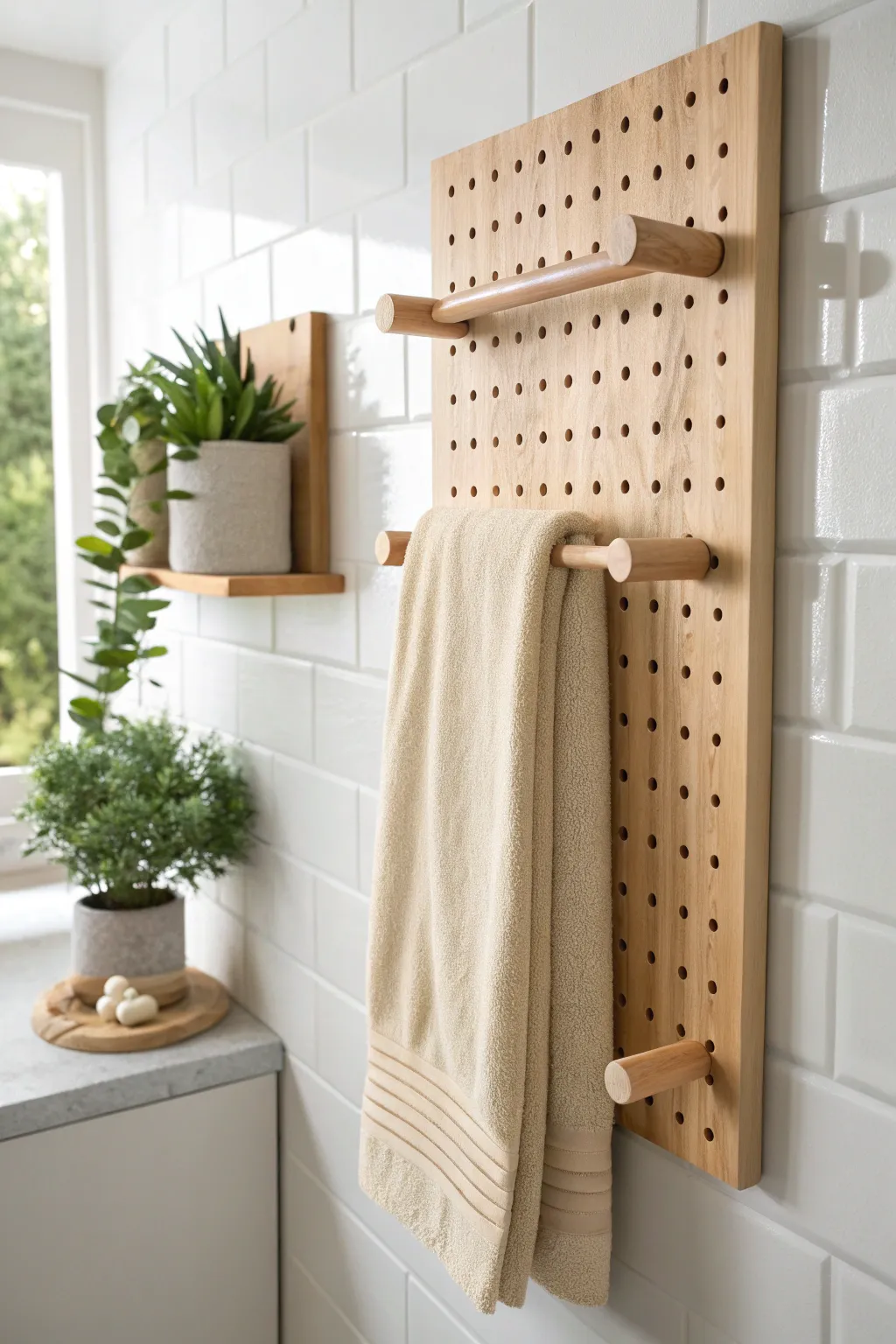 Transform your bathroom wall into a stylish and functional towel station with a DIY pegboard holder. #MinimalistBeauty #ScandiBoho
