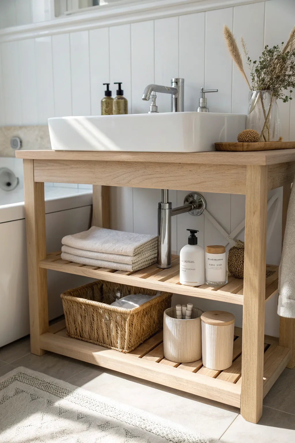 Transform your bathroom space with a custom-fit shelf, combining minimalist style and functional elegance.