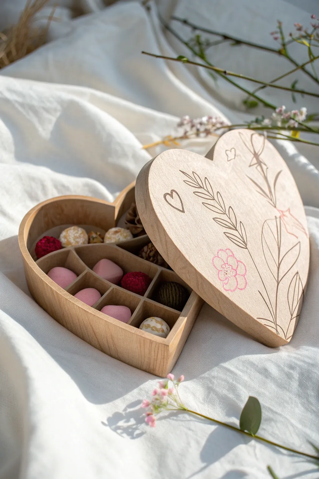 Craft your love story with a heart-shaped box filled with sweet surprises.