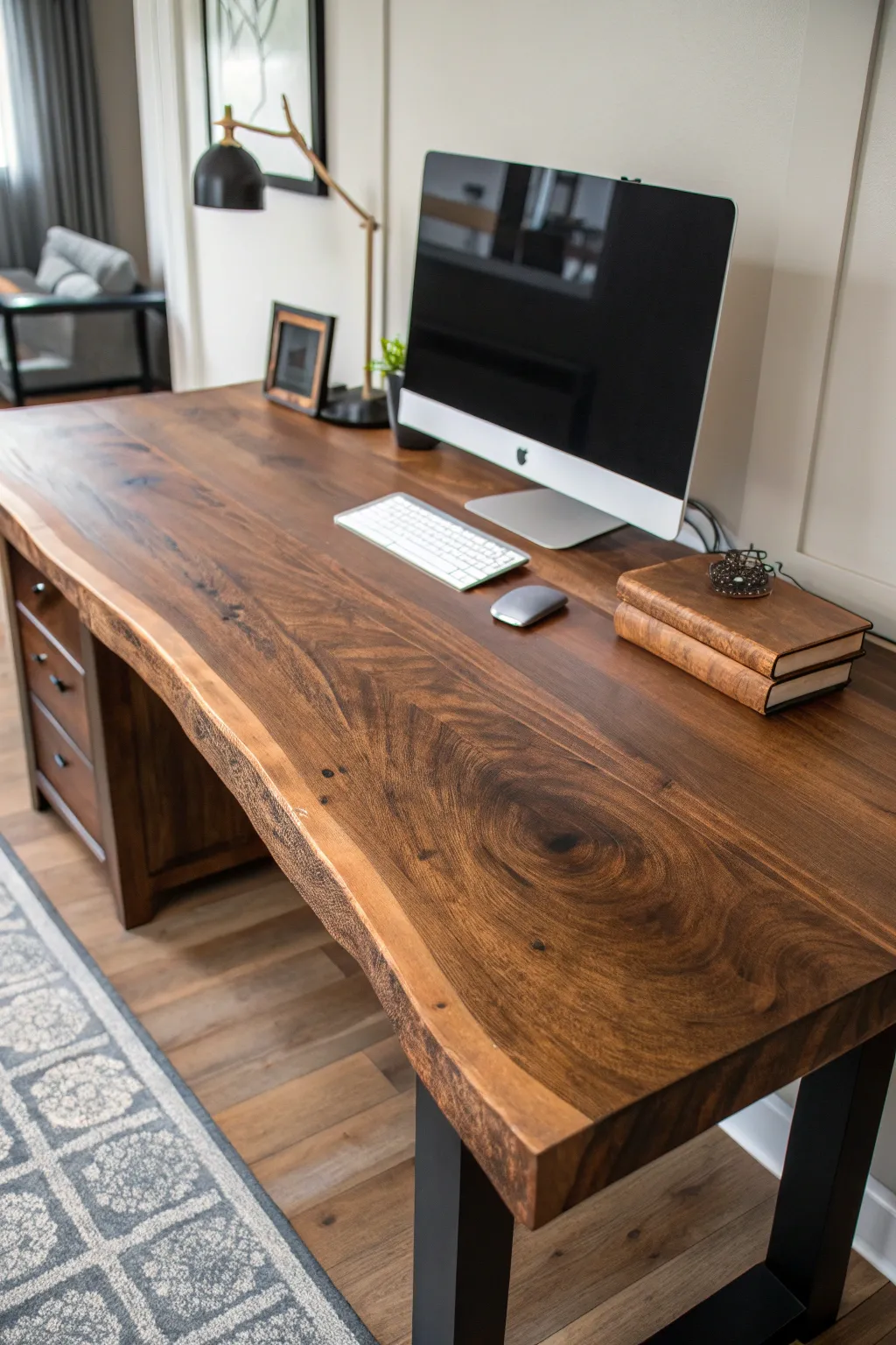 Elevate your workspace with a handcrafted wood slab desk, where style meets productivity.