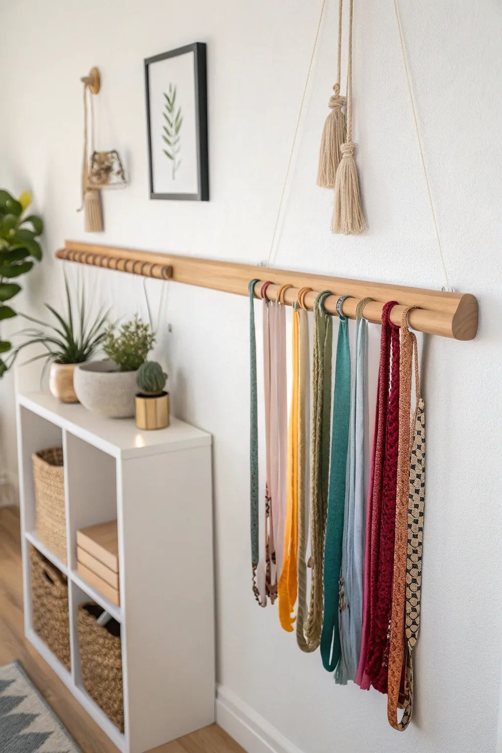 Elevate your wrapping station with a chic rail system for ribbons and tapes, blending Scandinavian minimalism with boho flair.