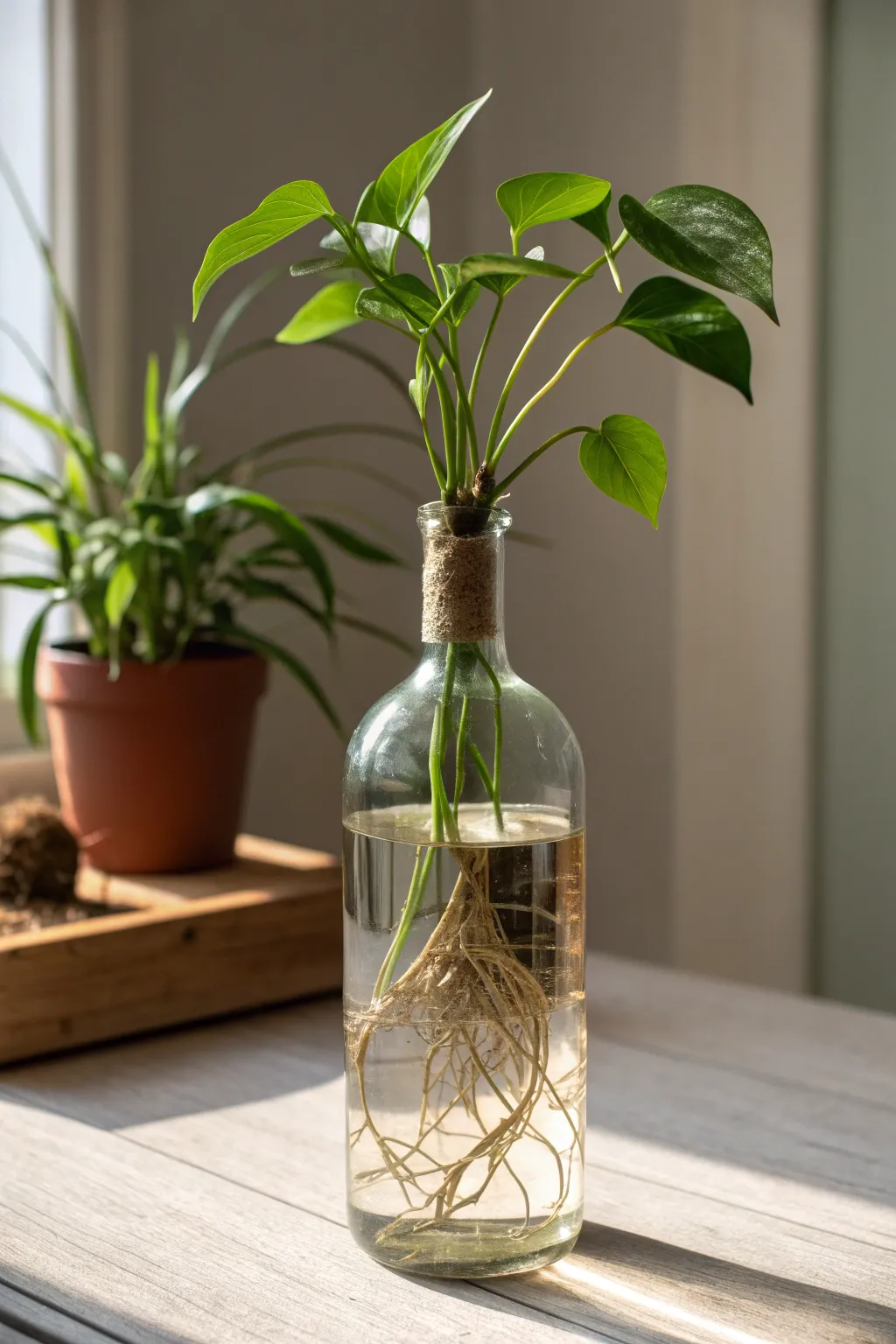 Transform your old wine bottles into chic hydroponic plant displays—pure simplicity and natural beauty combined.