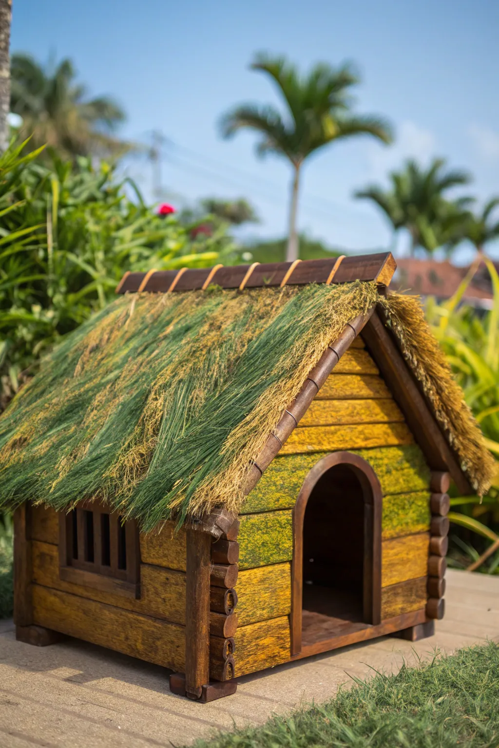 Elevate your pet's abode with a tropical twist: Discover the artisanal charm of a grass thatch roof.